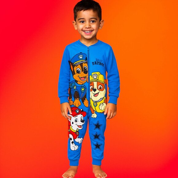 Paw Patrol Blue Fleece Zip-Up Onesie for Kids Featuring Chase, Rubble & Marshall - Picture 1 of 4